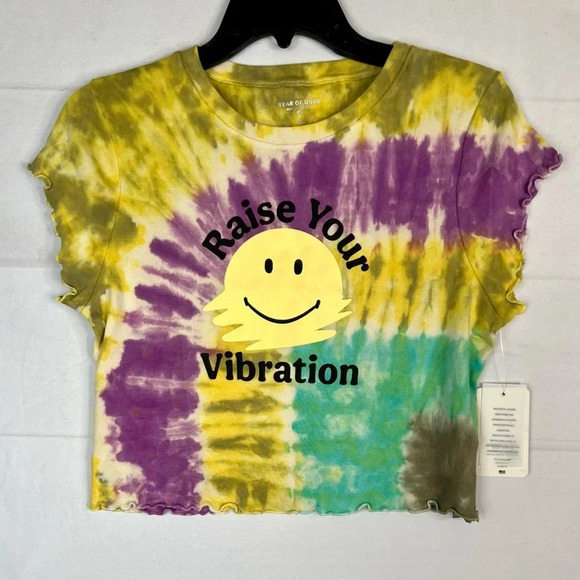 Year of Ours Rainbow Tie Dye Smiley Face Graphic Tee Cropped Baby Top L - Picture 2 of 12